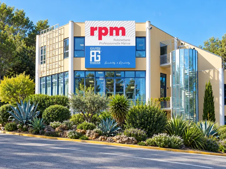 Le bâtiment de RPM Diffusion, avec les enseignes RPM Robinetterie Professionnelle Marine et Guidi